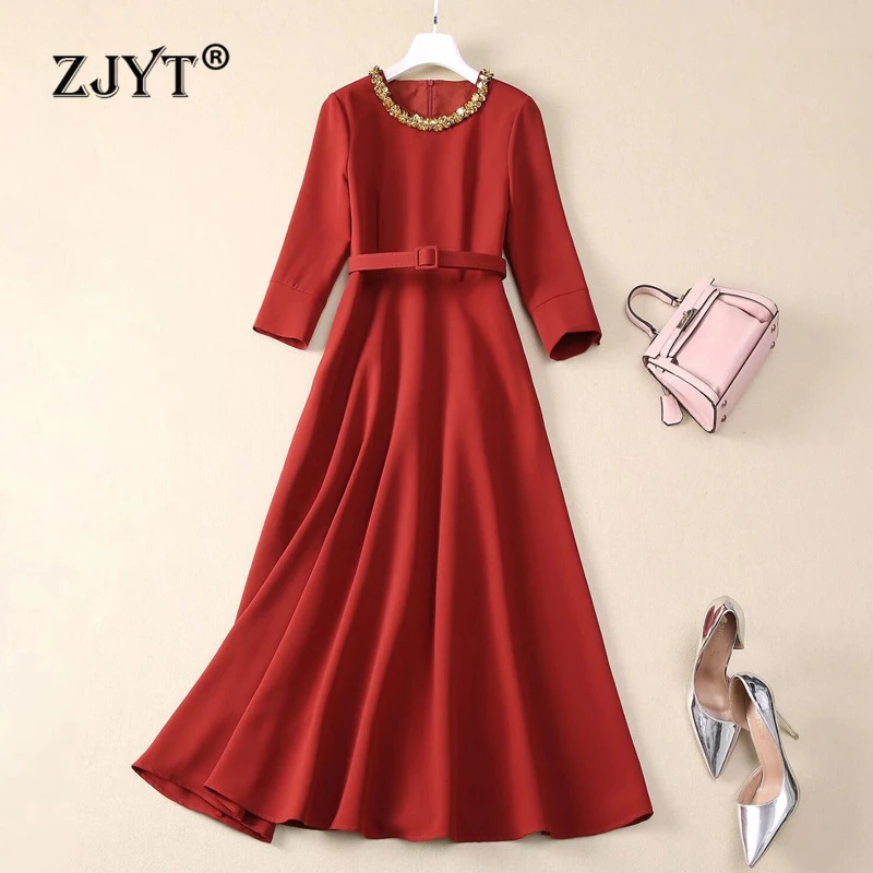 

ZJYT Elegant Midi Cocktail Party Dresses for Women 2025 Spring Beading O Neck Solid Evening Dress Three Quarter Sleeve Vestido