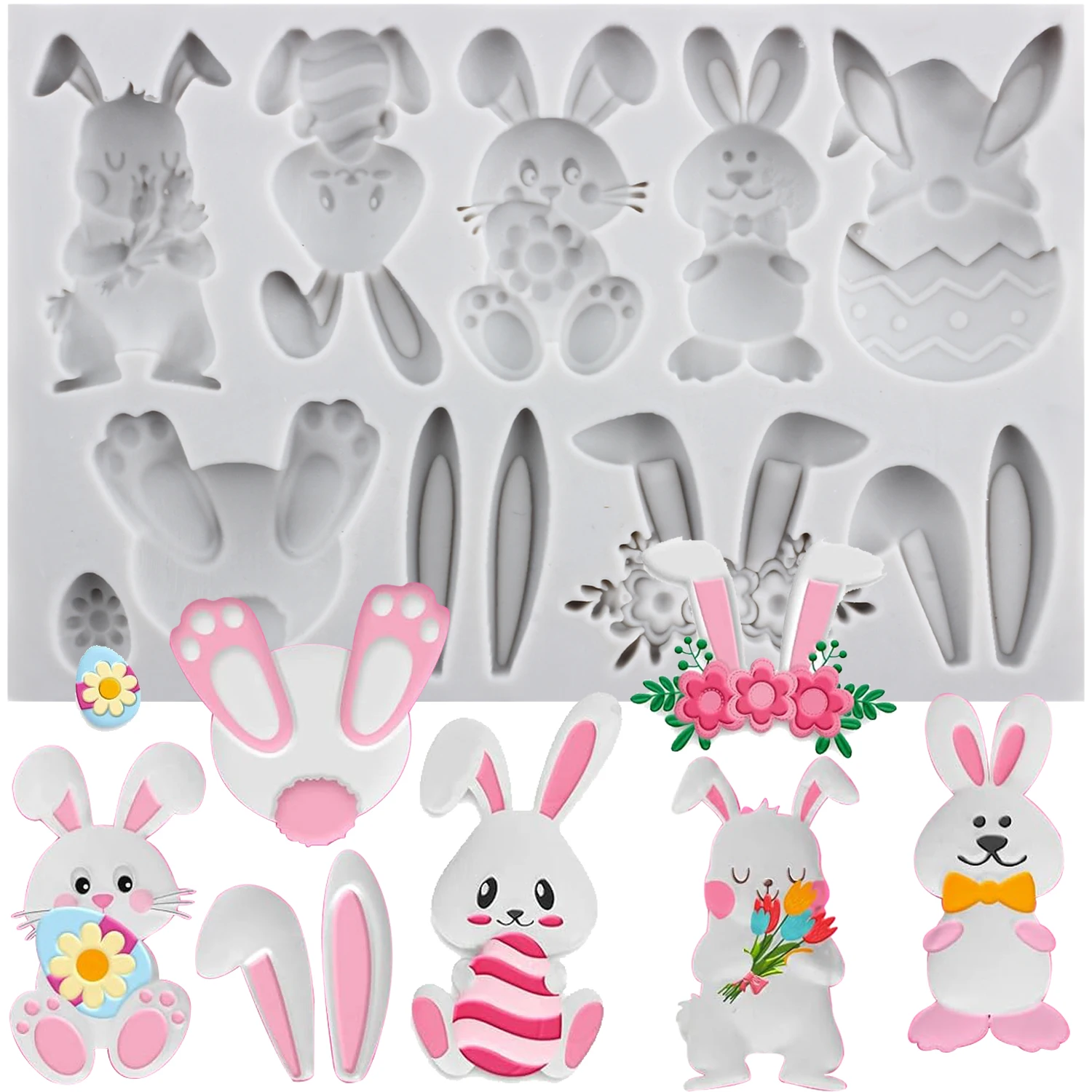 3D Bunny Silicone Molds Rabbit Flowers Fondant Cake Decorating Tools Cupcake Topper Candy Craft Gum Paste Polymer Clay