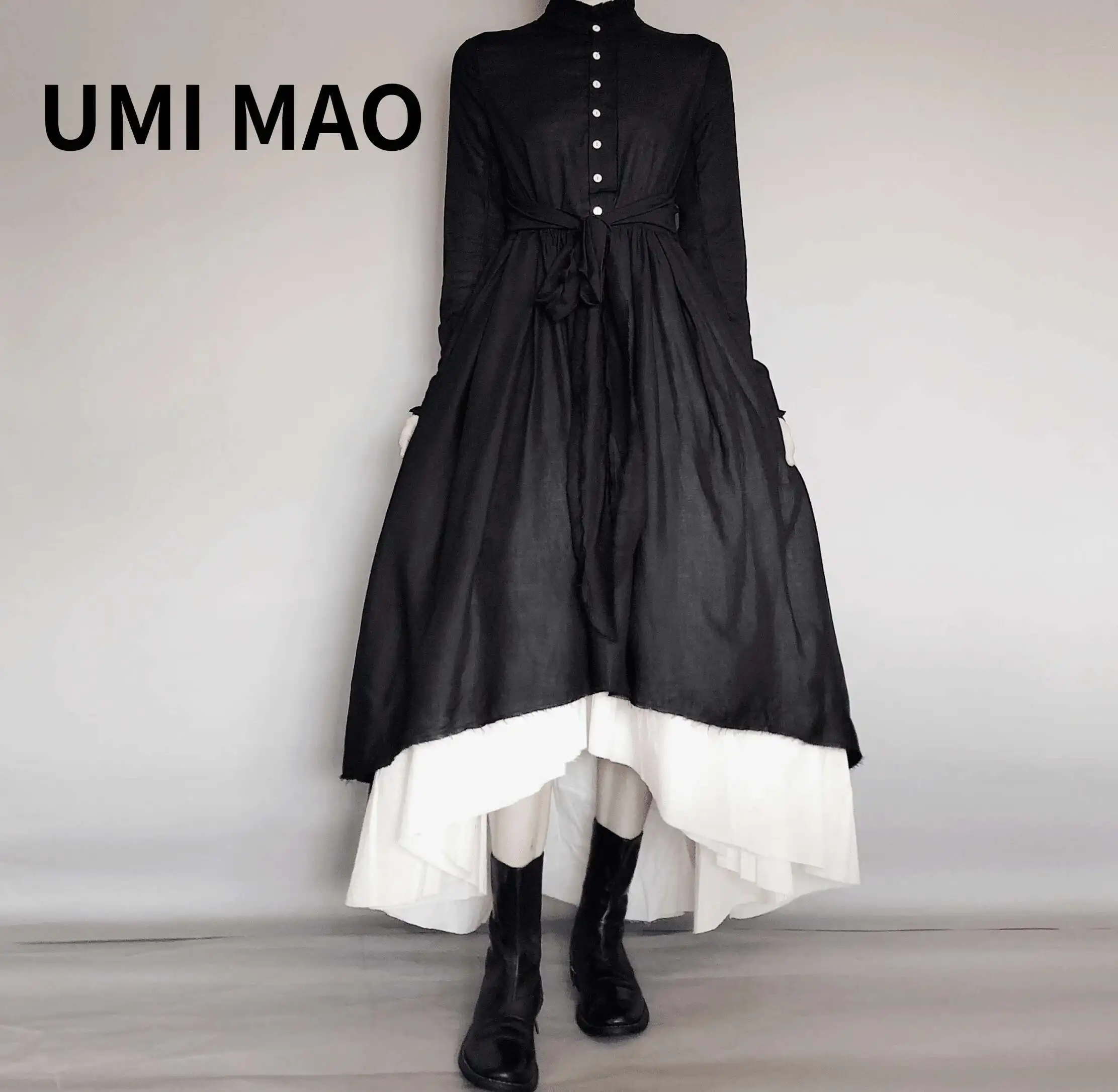 UMI MAO Yamamoto robe foncée élégante rétro deux pièces printemps automne bord brut en détresse moelleux robe mi-longue mince femme Y2K
