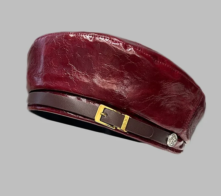 Beret Women's Fashion Versatile Flat Top Red Belt Buckle PU Leather Hat