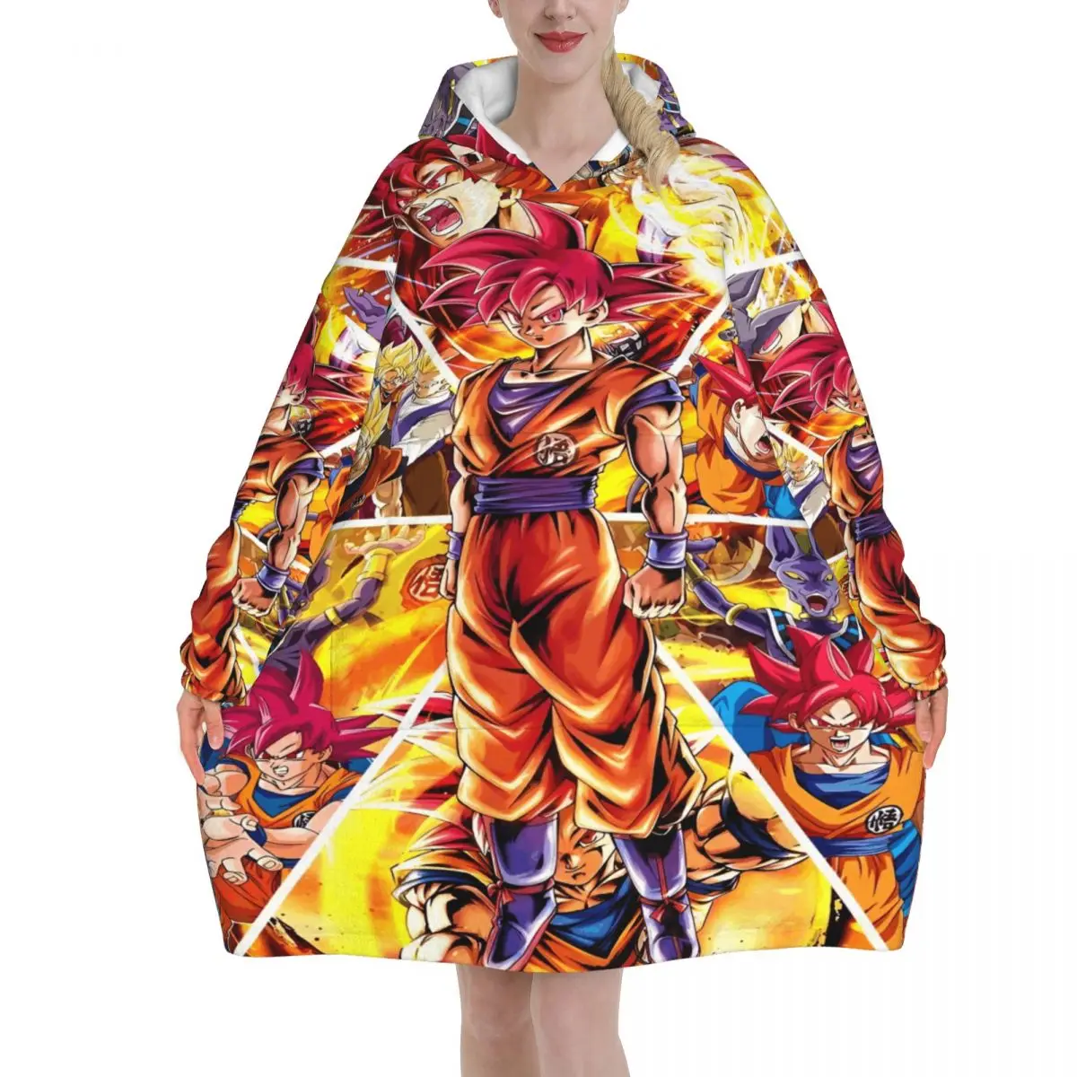 

Носимое одеяло в стиле аниме Dragon Ball, толстовка с капюшоном для женщин и мужчин, толстовка большого размера, одеяло с карманом