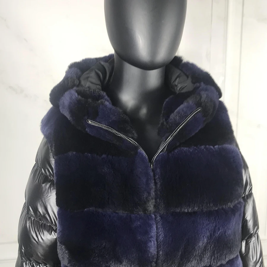 Real Rex Rabbit Fur Coat With Hood Down Coat Jacket Sleeves fur bomber jacket Real Fur Jacket Hooded with down fur coat