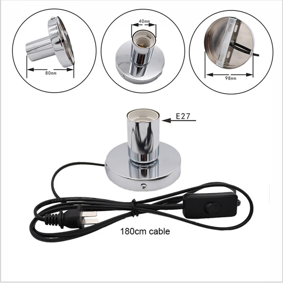 Anti-Slip Metal Desktop Lamp Base 180cm Cord E27 E26 Base Holder with on/off Switch, EU AU BS US Plug Screw Base for Table Lamp