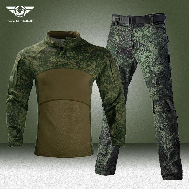 Autumn Training Sets Men Outdoor RU Camo Airsoft Uniform Paintball Tshirts+Multi-pocket Straight Cargo Pants 2 Pcs Suits Clothes