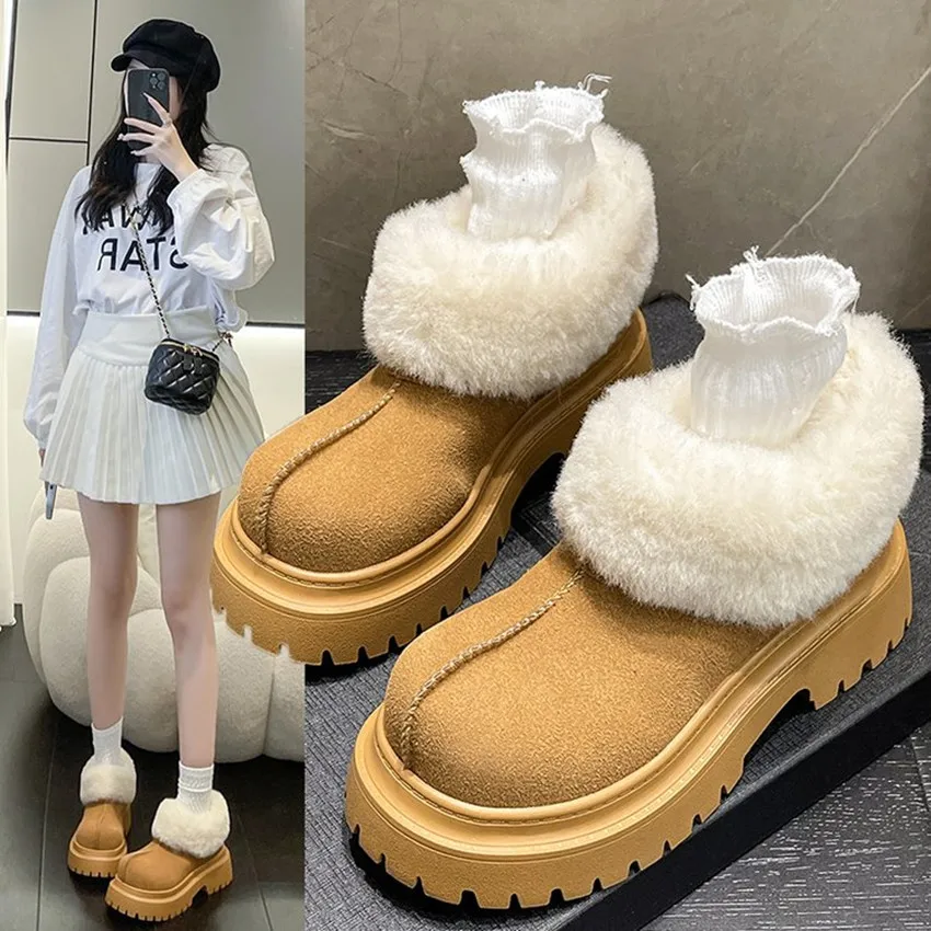 

Women's Luxury Slip-on Fur Boots 2024 Winter New Designer Brand Warm Snow Boots Round Toe Platform Shoes Woolen Boot Flock Flats