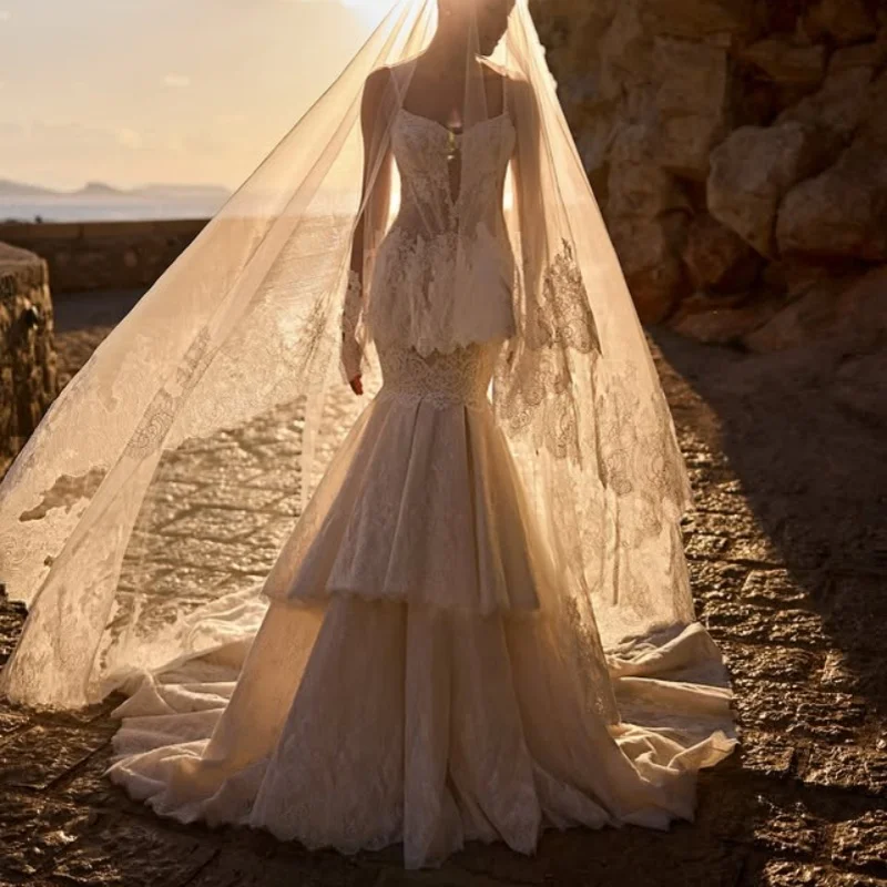 Shiny simple ivory white flower Appliques Lace layering Wedding Dresses of fishtail off-shoulder Bridal Gowns Made Customized