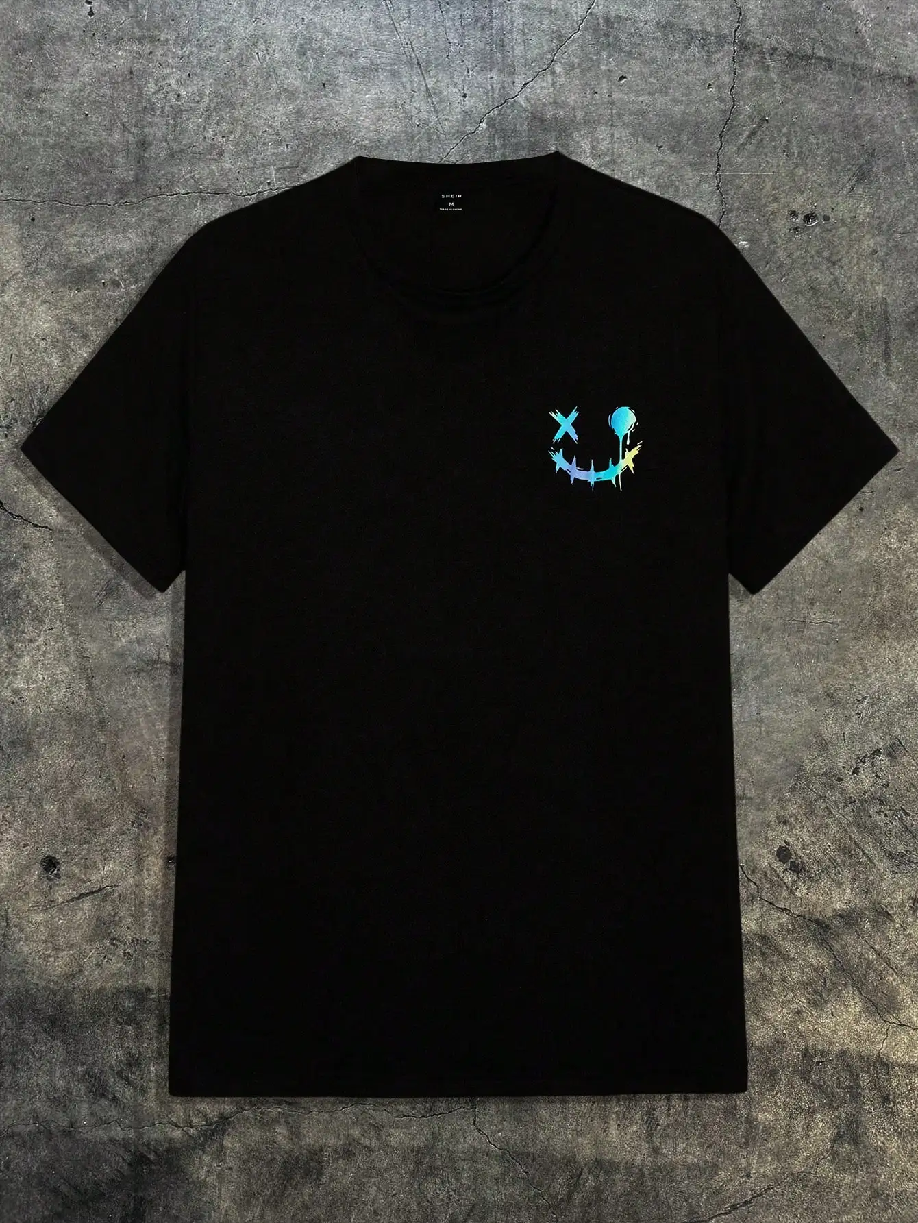 

Мужская черная футболка с круглым вырезом и коротким рукавом, с голографическим принтом-смайликом, в стиле стритвир