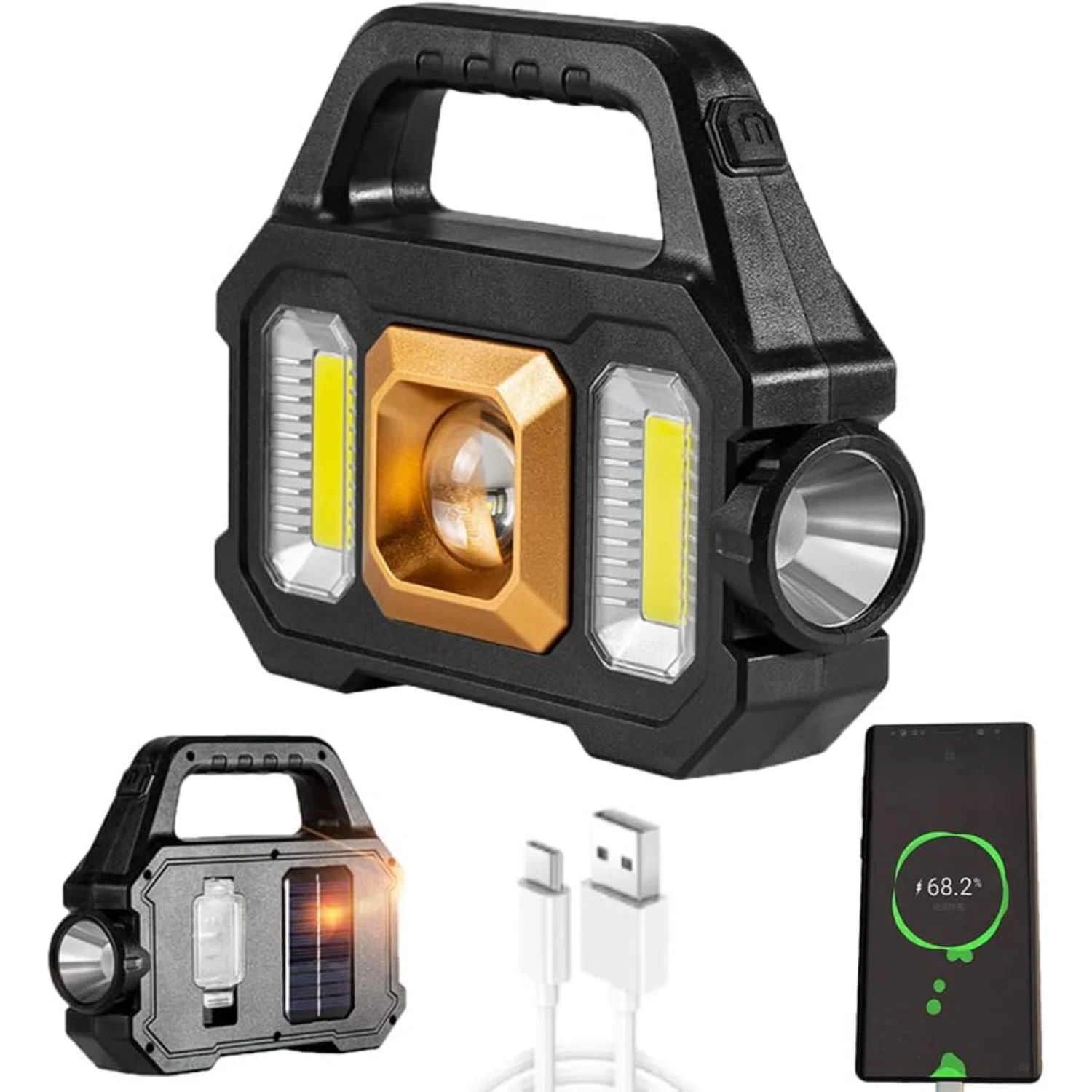 

Перезаряжаемый фонарь для кемпинга с солнечным зарядным устройством, многофункциональный ручной фонарь, многоламповый светодиодный/COB-фонарик для улицы