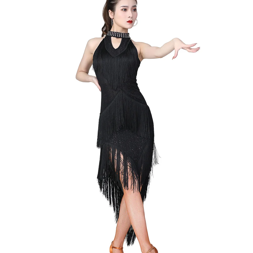 Lady Halter Off Shoulder Jurk Franje Bodycon Jurk Vrouwen Latin Dance Performance Jurk Danskleding Glanzende Feestjurk