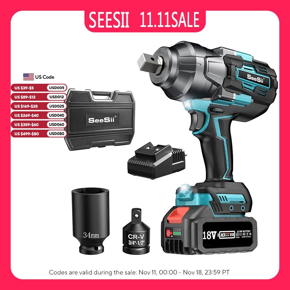 SEESII 1600N.m Cordless Impact Wrench High Torque Impact Gun 3/4