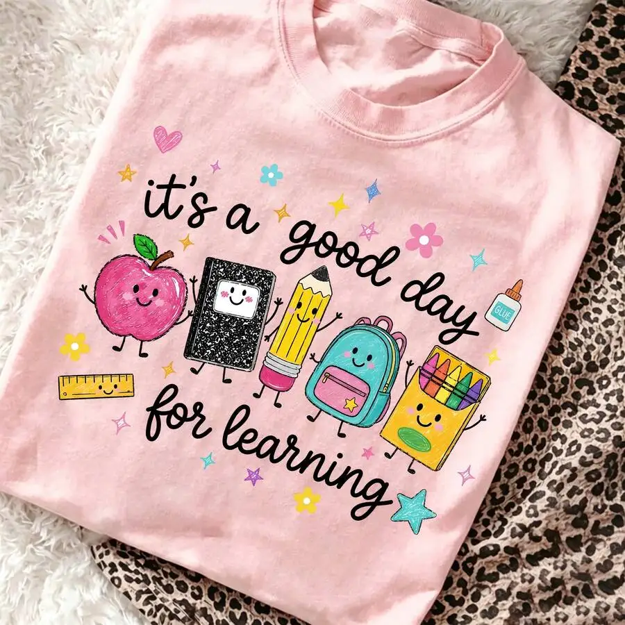 Women's Preppy Graphic Tee Good Day For Learning Print Preschool Teacher School Supplies Short Sleeve Casual Top Back To School Teacher Gift Idea