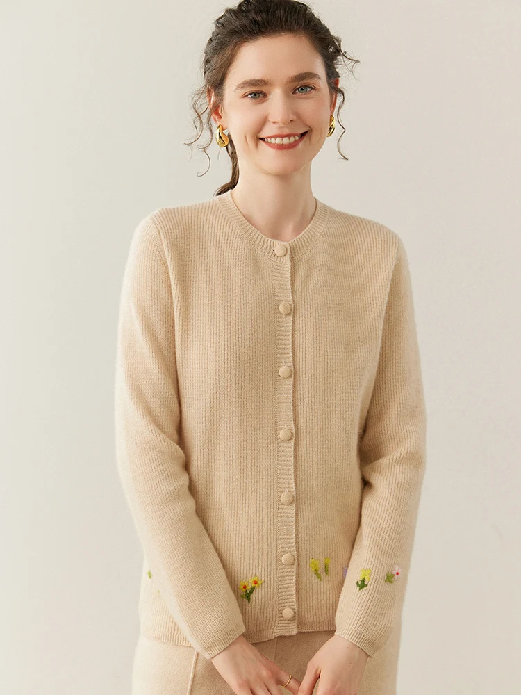 

Новый модный женский кардиган из 100% кашемира с цветочной вышивкой, весна-осень, вязаный, на пуговицах, с круглым вырезом, толстый, топ