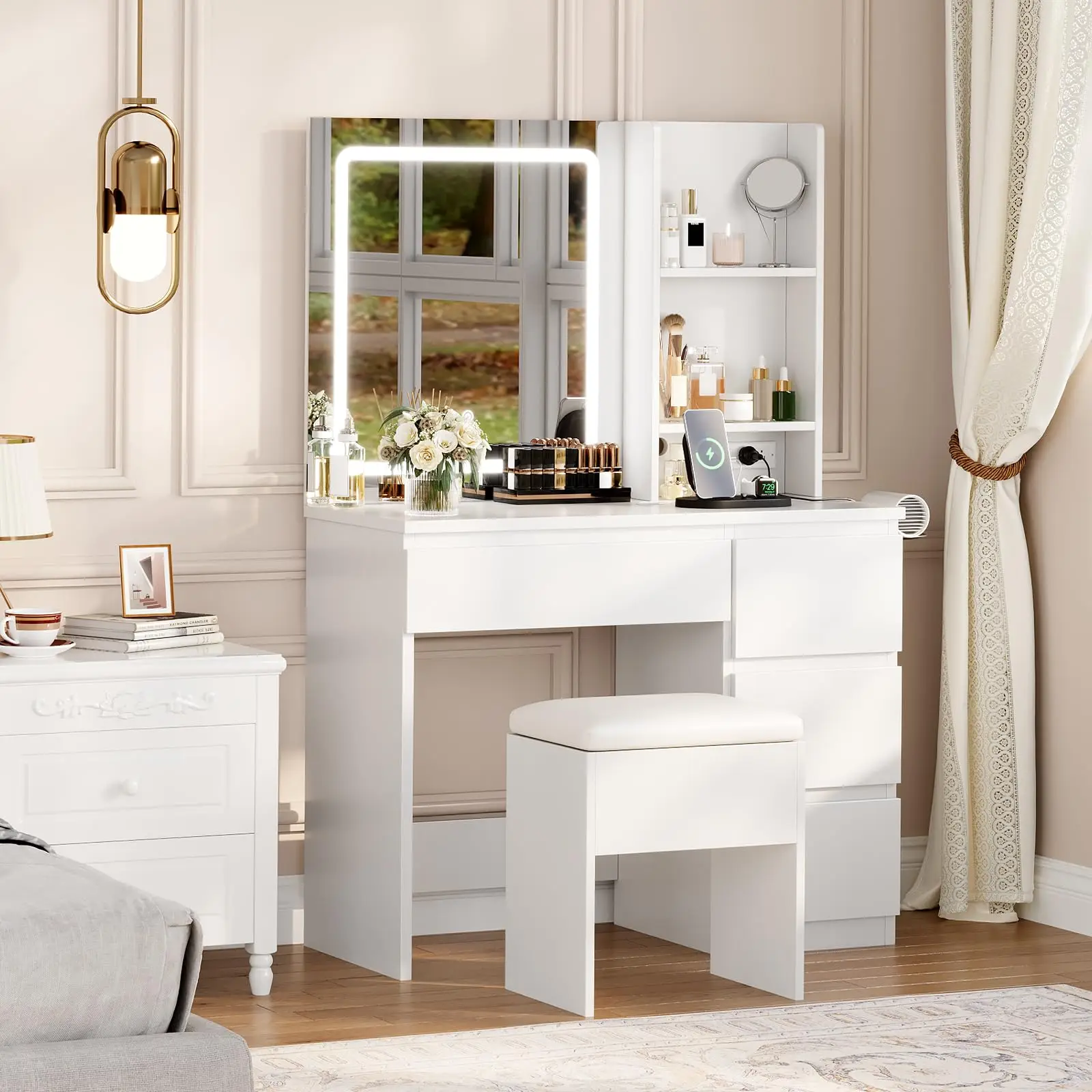 Vanity Desk with Mirror and Lights - Modern Makeup Dressing Table with Outlets, Storage Stool, 4 Drawers & Hair Dryer Holder - 3 Colors LED Vanity Mirror, Vanities for Bedroom