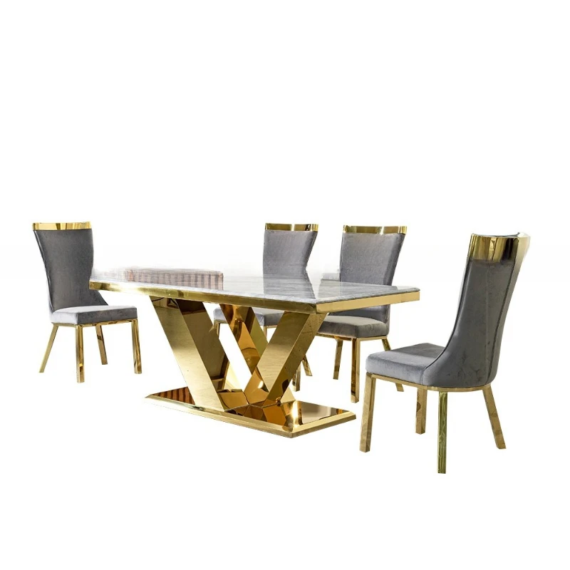 

Light luxury marble dining table household high-end stainless steel high-end dining table high-end dining table and chairs
