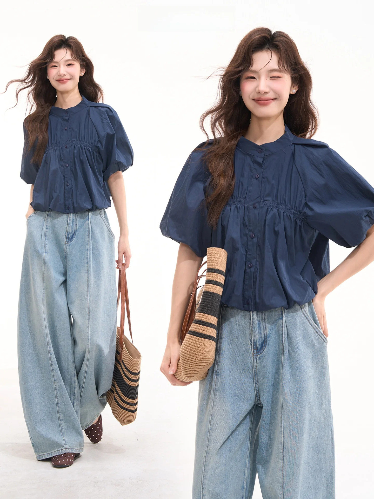 

Heme Summer Sweet Anti-Aging Bubble Sleeve Cotton Shirt Pleated Short Sleeve Women's Shirt Floral Field Window Milk Flavored ...