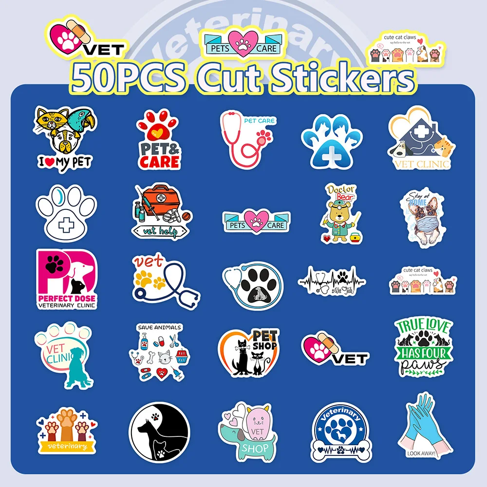 10/30/50PCS Cartoon Veterinari Cute Animal Stickers Funny Decal Kid Toy Gift DIY Fridge Luggage Skateboard Car Sticker Wholesale