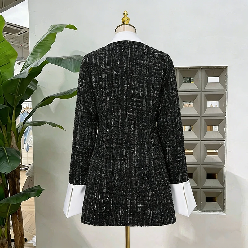 KBQ Hit Color empalmado a cuadros Minivestidos minimalistas para mujer solapa manga larga túnica Vintage chic vestido femenino otoño nuevo