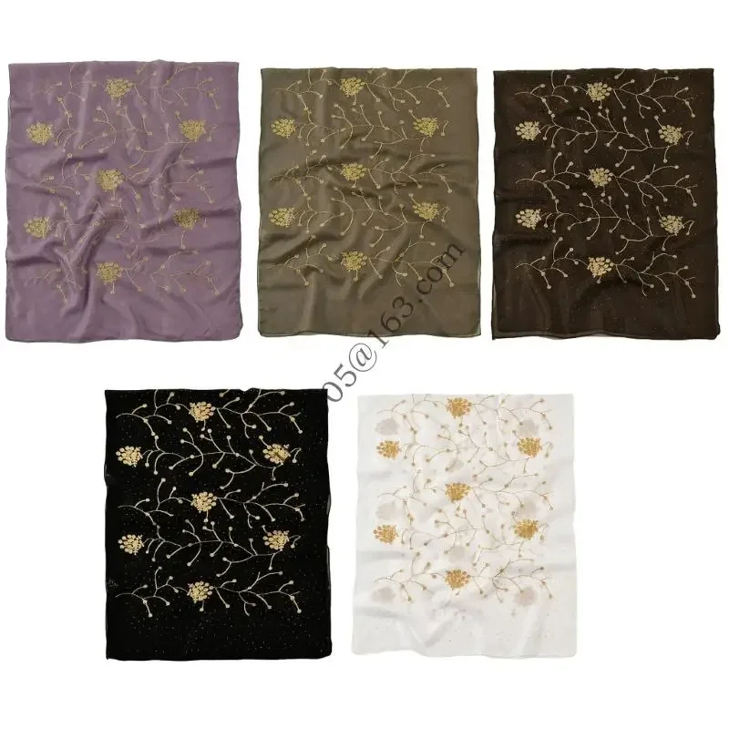 

Elegant Embroidery Flower Hijab Scarf With Hot Drilling Design Breathable Shoulder Wrap For Women Various Event