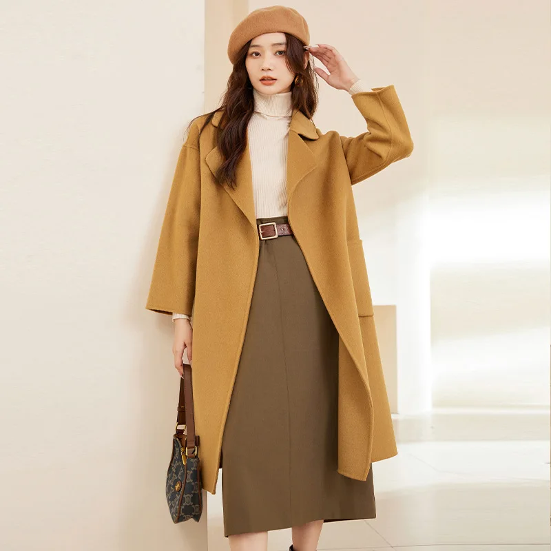 WinvyNee 2024 New Long Women Wool Coats with Belt Double-sided Camel Wool Overcoat Long Length High-end Lapel Coats H1343007