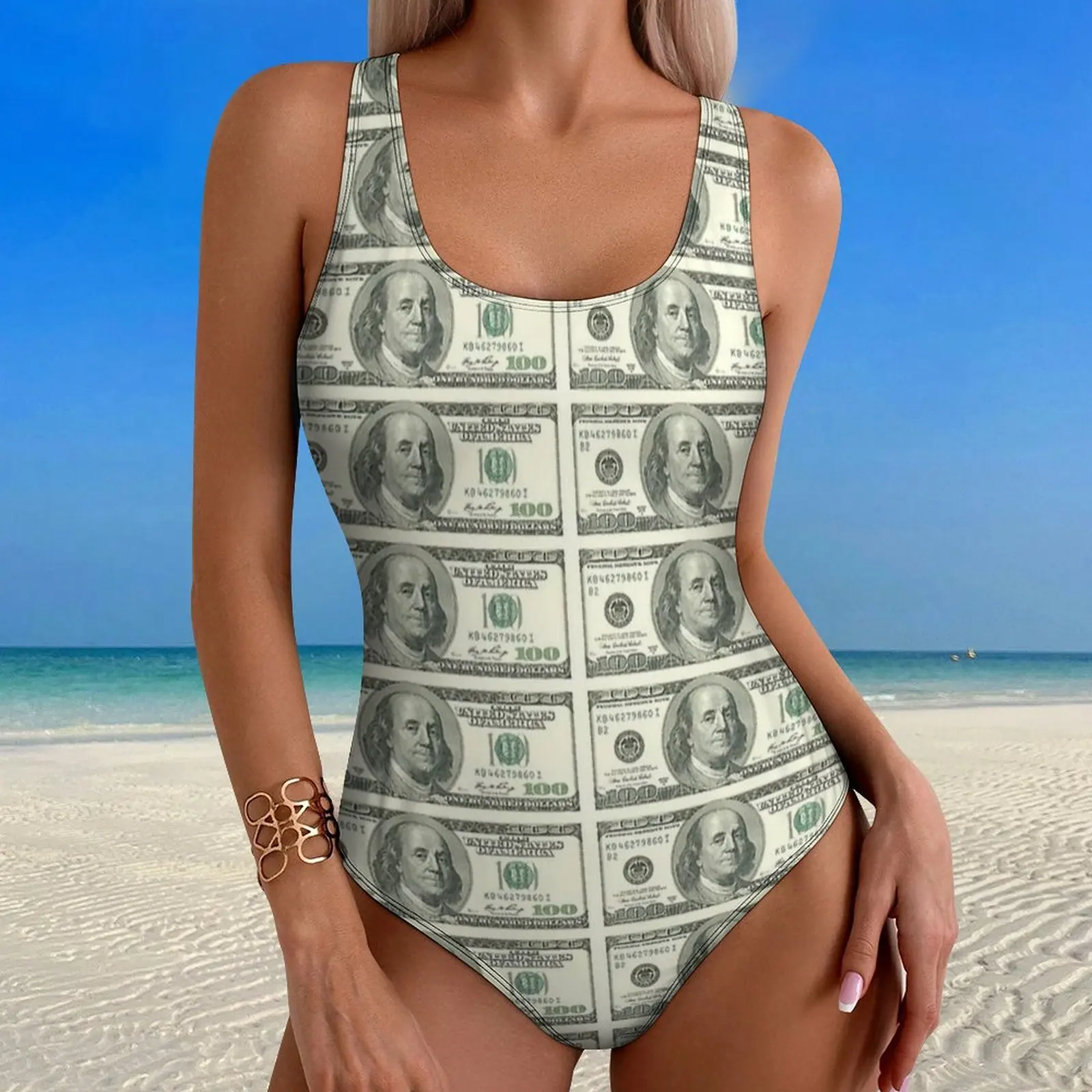 Money Money Money One Hundred Dollar Bills Swimsuit One-Piece Swimwear Push Up Fashion Monokini Surfing Graphic Beach Outfits