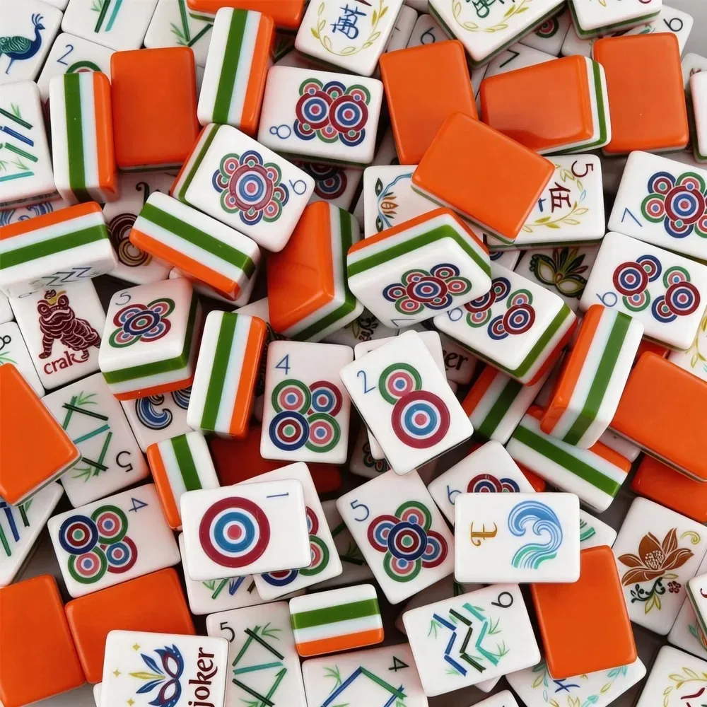 

Orange 4-layer American Mahjong Set, 160 printed vintage pattern acrylic tiles, portable for family leisure parties