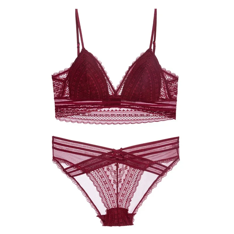 섹시한 프랑스어 레이스 U 큰 등받이 브래지어와 팬티 세트 속옷 무선 삼각형 얇은 컵 란제리 여성 2020 새로운 Bralette