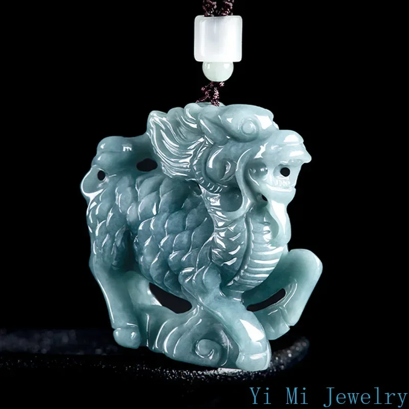 Natural A-goods Jadeite Blue Water Three-dimensional Unicorn Icy Jade Money Pendant Men and Women's Models Jeweled Jade Necklace