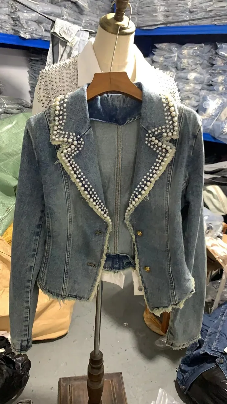 Primavera perla diamanti perline giacca di Jeans donna Vintage dentellato blu Slim Jeans cappotto femminile manica lunga capispalla da Cowboy corto