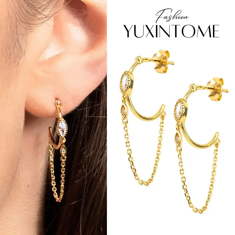 

925 Sterling Silver Needle Horse Eye Zircon Chain Tassel C-shaped Earrings Fashion Piercing Stud Earrings For Women Fine Jewelry