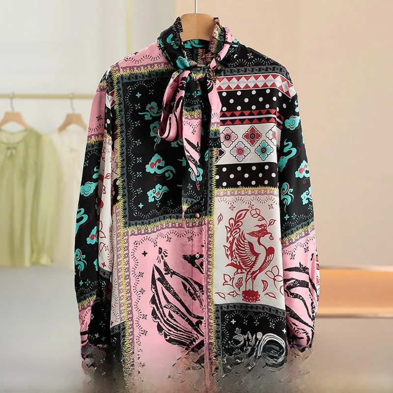 

Personality Printed Shirt 100% Viscose Fibre Wood Grain Collar Women's Casual Style Long Sleeve Breathable Spring New Ar...