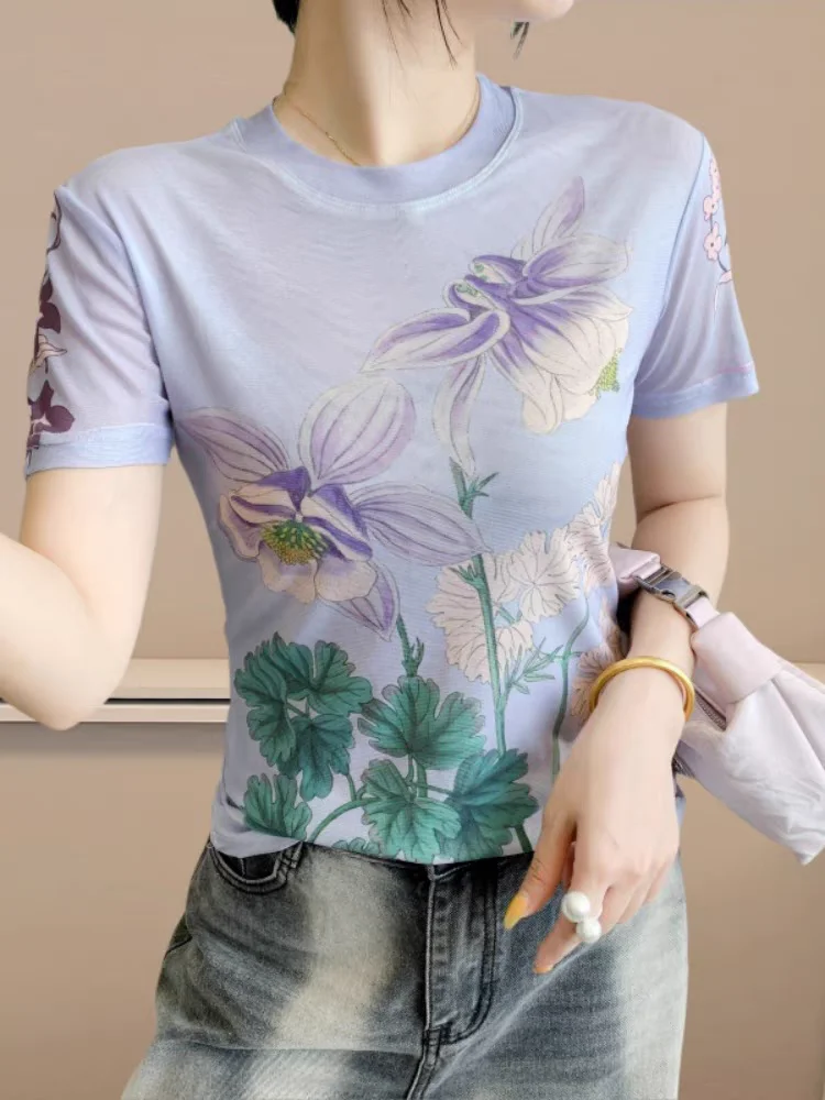Women's Summer Euro-Chic Ice-Silk Mesh Top - Slim-Fit Stylish Print Blouse Trendy Breathable & Designer T-Shirt