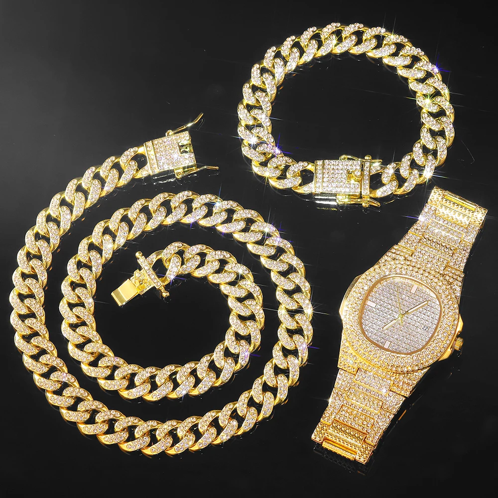 Iced Out Watch 3PCS Hip Hop Luxury Watches Jewelry Set Mens Women Watch Necklace Bracelet Bling Cuban Link Chain Choker Gift