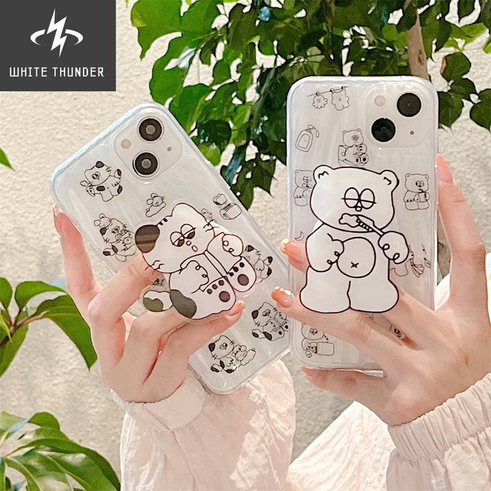 Cute Reading Cat Brushing Bear Bracket Folds Clear Soft Phone Case For IPhone 12 11 13 Pro Max 11 12 13 PRO Protective Cover