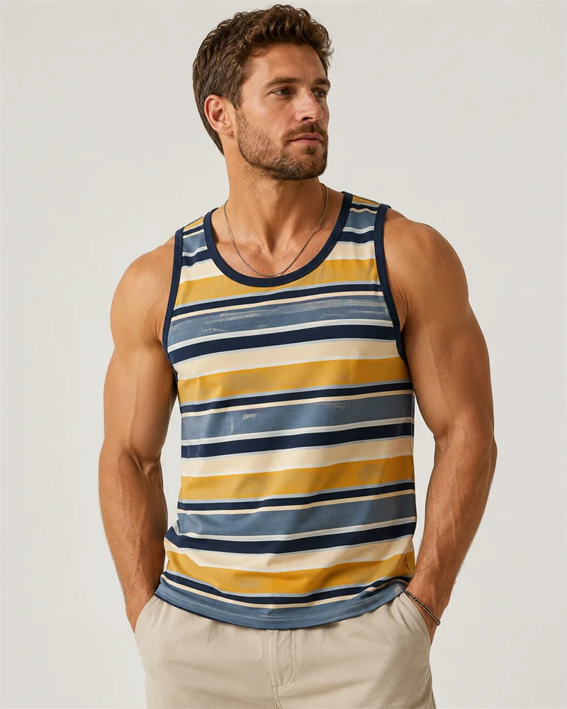 Retro Striped Graphic Tank Tops For Men Simple Summer Crew Neck Sleeveless 3D Printed Vest Loose Breathable Daily Wear Tees Tops