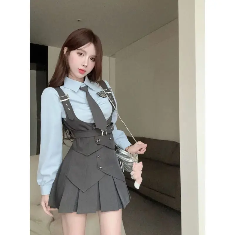 

STSVZORR Academy Style Set Autumn/Winter Spicy Girl Uniform Grey Blue Shirt Vest Top Pleated Skirt Women's Set 3-piece