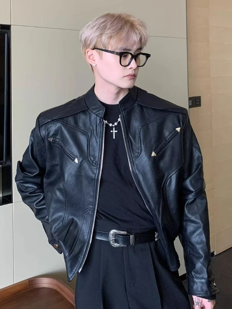 

PU Leather Jacket Short Stand Collar Biker Coat for Spring Autumn Loose Fit Motorcycle Inspired Design Premium Black Color​