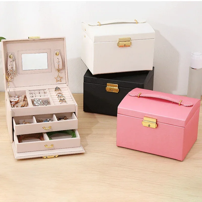 Three-layer Locked Jewelry Box European Wedding Gift Simple Wooden Jewelry Earrings Bracelet Ring Storage Box