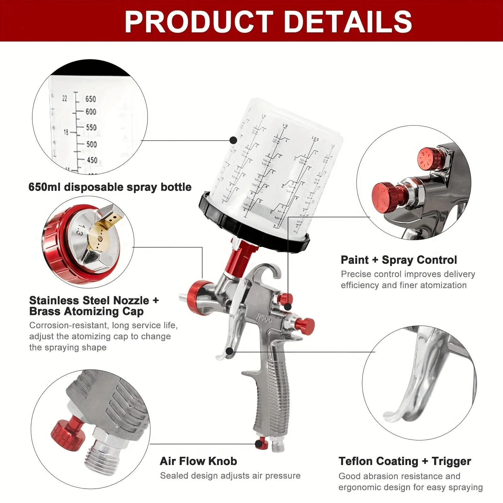 R500 LVLP Spray Gun with Adapter and Mixed Tanker Repair Paint Spray Gun 1.3/1.5/1.7/2.0mm Nozzle Spray Gun
