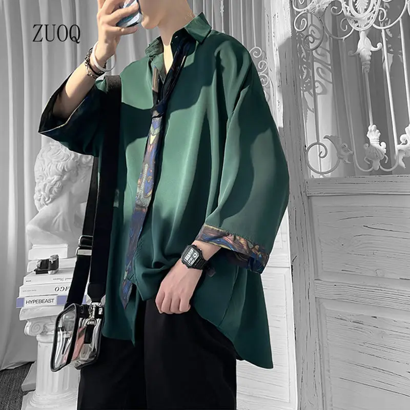 2025 New Fashion Oversized Shirts Men Vintage Three-quarter Sleeve Button Korean Blouse Tops with Tie Man
