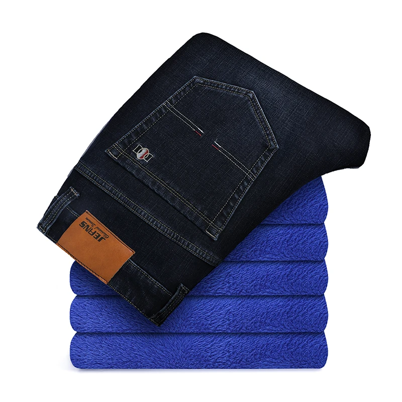 

Men's Fleece Thick Jeans New 2025 Business Smart Casual Stretch Warm Winter Jeans Men 42 44 46 Blue Blue Black