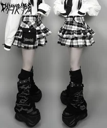 Japanese Harajuku Short Skirt Punk College Style Plaid Cake Subculture Y2k Skirt Girl Autumn High Waist Mini Skirt with Waistbag