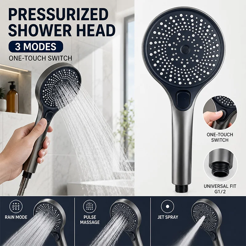 High Pressure Handheld Shower Head 3 Mode Adjustable Turbo Water Saving Filter Spray Nozzle Bathroom Accessory Clean Portable