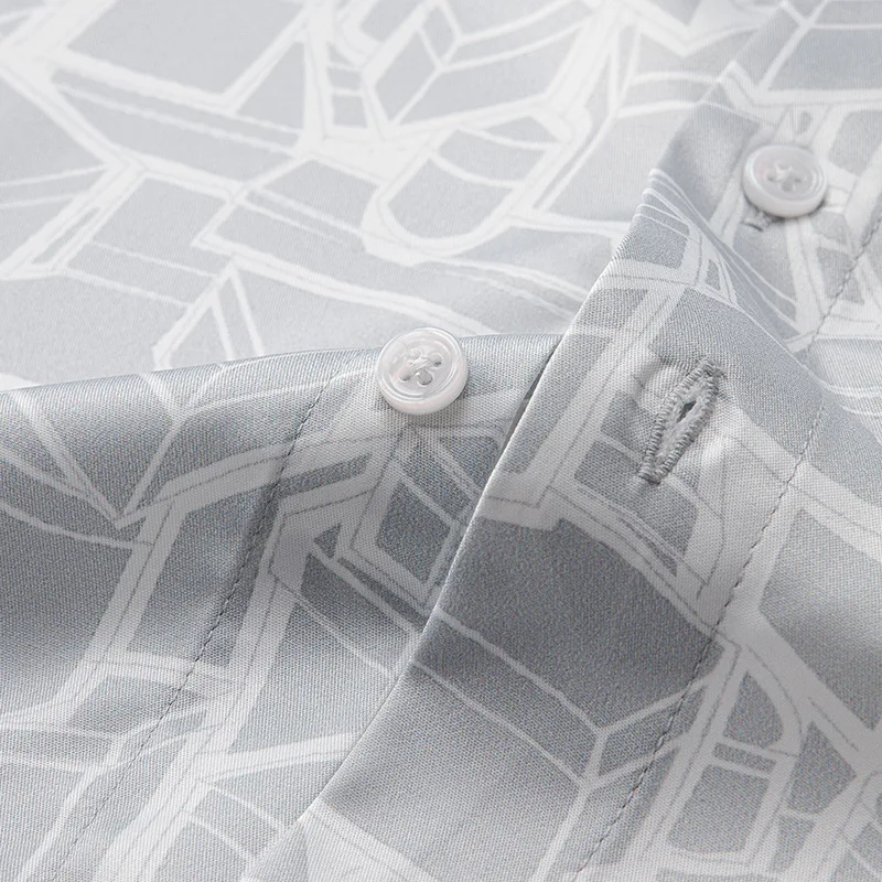 High End Silk Geometric Printed Men\'s Shirt Non Ironing Long Sleeved Casual Business Dress Shirt Social Banquet Streetwear Tops