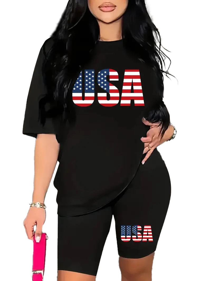 

Independence Day sale women's 2-piece set flag text, casual short-sleeved T-shirt and tight shorts women's suit women's wear