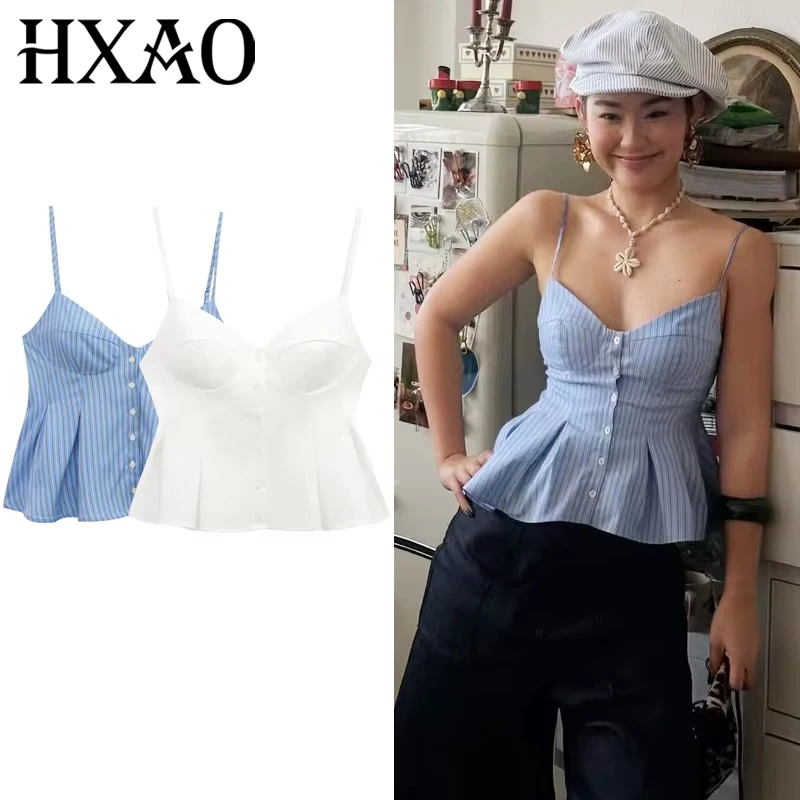 HXAO Slip Crop Tops For Woman 2025 Summer Tanks & Camis Blue Stripe White Camisole Top Sexy Corset Sleeveless Backless Tank Top