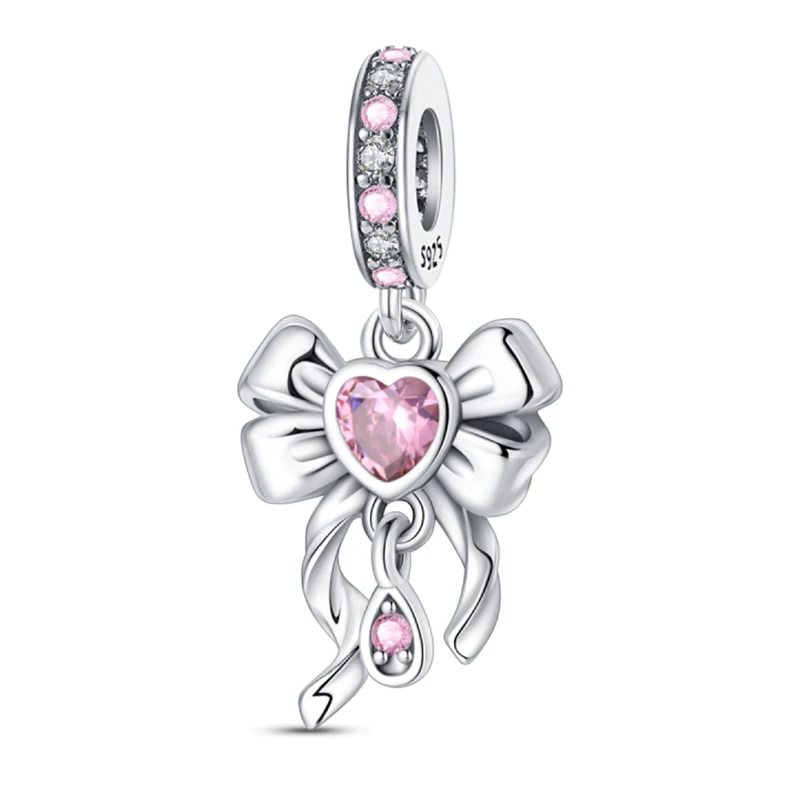 

100% 925 Sterling Silver Charm Bead Pendant 3mm Butterfly Knot Sweet Pink Zircon DIY Original Design Fine Jewelry