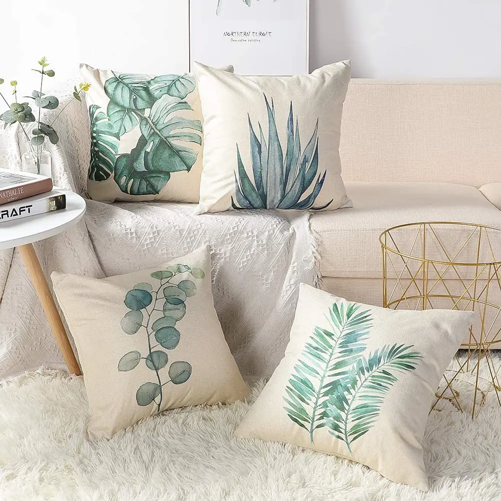 green plant leaf linen cushion cover trim, pillowcase home decor, suitable for sofa, car, bedroom 40x40 45x45 50x50 60x60