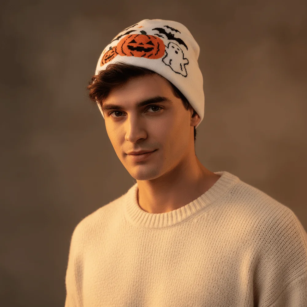 Jacquard Knit Cap Thermal Halloween Beanie Flexible Elastic Ghost Skullies Windproof Thickened Pumpkin Bonnets Teens