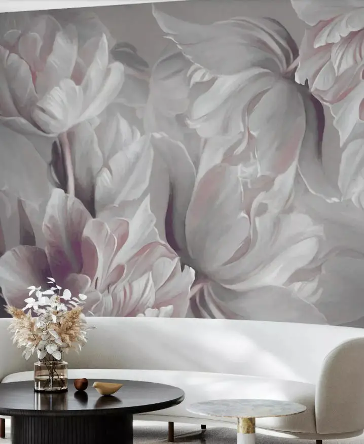 American floral mural wallpaper 3D white lotus flower white floral feather wallpaper living room TV background wall wallpaper