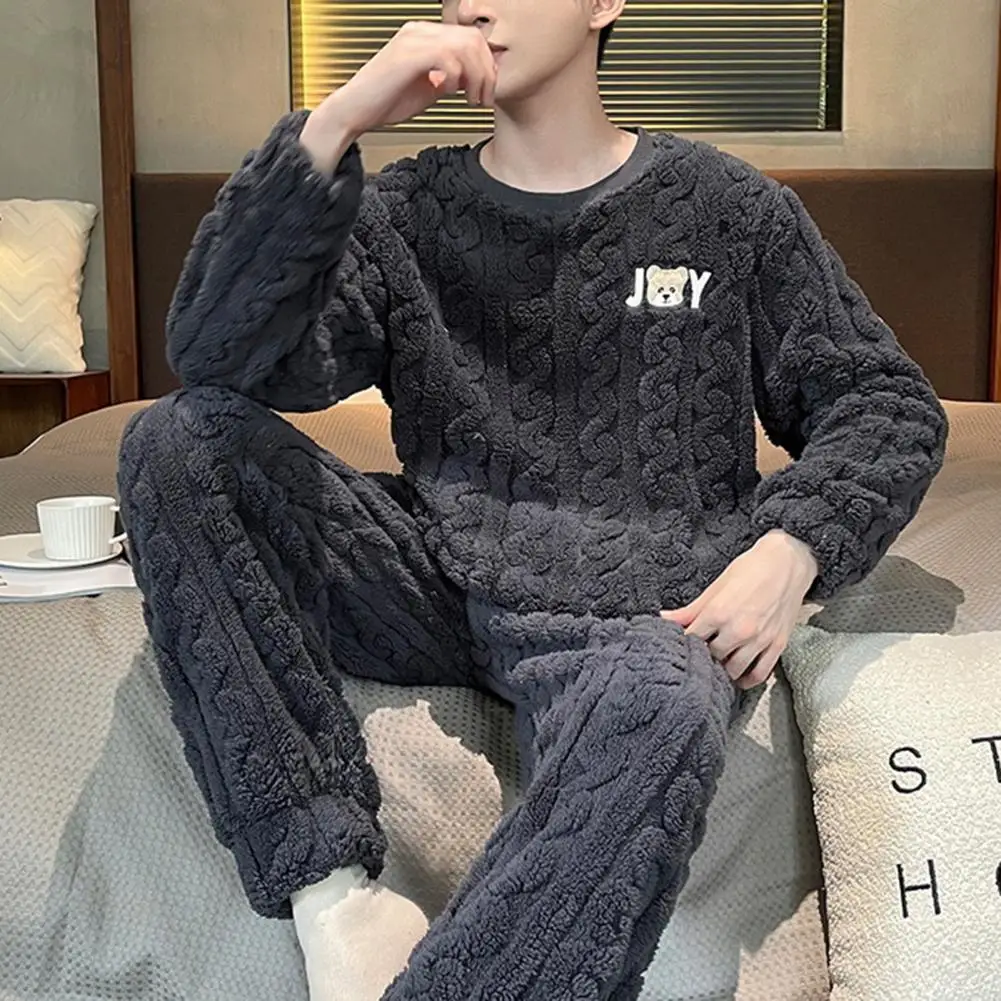 2Pcs/Set Men Winter Pajamas Set Thickened Homecoat Set Thick Plush Pajamas Cozy Round Neck Long Sleeve Top Pants Set Homewear